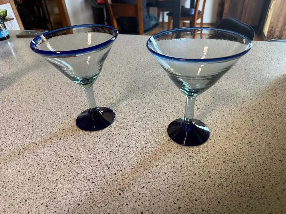 Set of 2 Hand Blown Mexican Margarita Martini Glasses w/ Cobalt Blue Rim n Base